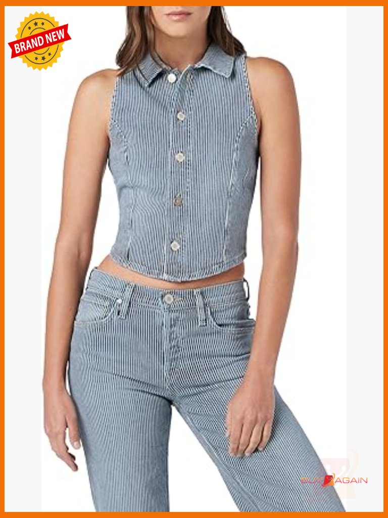Denim Halter Vest With Pointed Collar And Button Front - Sleeveless